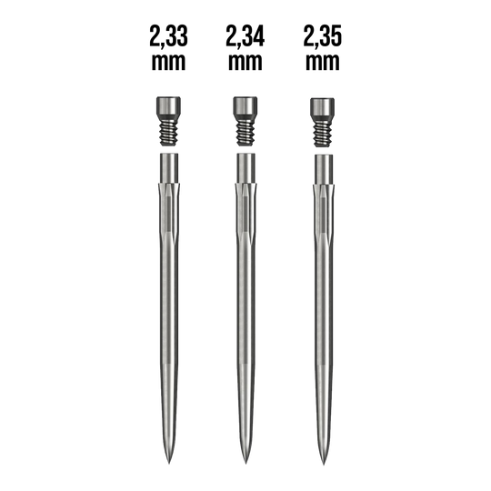 Kit de inicio Caliburn Das Bild zeigt drei metallische Stifte mit unterschiedlichen Durchmessern: 2,33 mm, 2,34 mm und 2,35 mm. Sie gehören zum Produkt "Caliburn Starter-Kit."