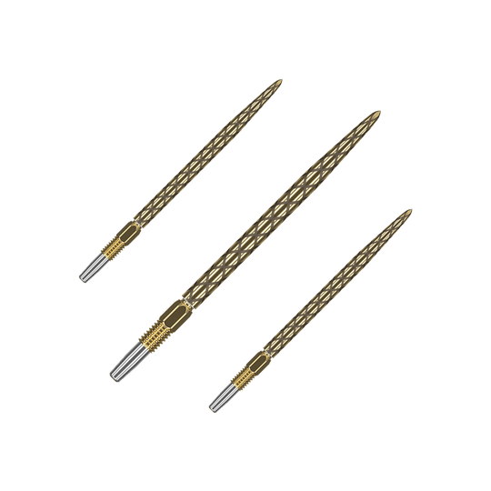 Puntas de dardos Target Swiss Diamond Pro Gold Das Bild zeigt drei goldfarbene Dartspitzen mit einem rautenförmigen Muster. Sie sind nebeneinander auf einem weißen Hintergrund angeordnet.