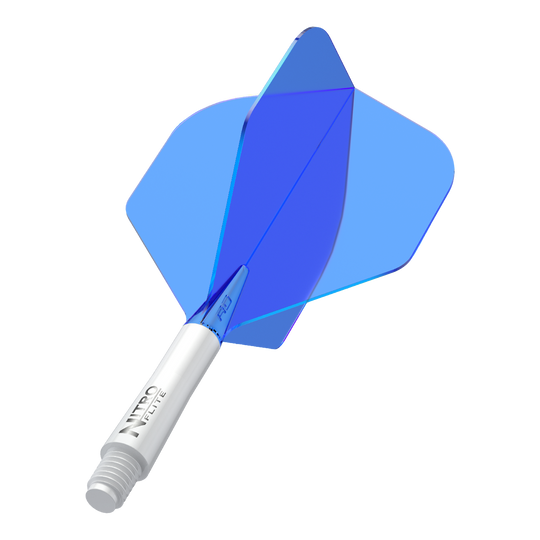 Red Dragon Nitroflite - Eje blanco, vuelos azules nº 2 Das Bild zeigt einen blauen Dartflight mit einem weißen Schaft. Auf dem Schaft steht der Schriftzug "NITRO FLITE".