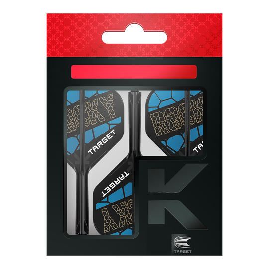 Das Bild zeigt das Produkt "Target K-Flex Josh Rock No2 Standard Flight-Shaft-System" in seiner Verpackung. Die Flights sind schwarz, blau und weiß gestaltet und tragen den Schriftzug "ROCKY" sowie "TARGET".