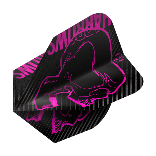 Plumas Harrows Rage Pink No6 Dies ist ein Dartflight des Modells „Harrows Rage Pink No6“. Das Design ist schwarz mit einem auffälligen pinken Totenkopf und den Worten „Harrows“ in Pink.
