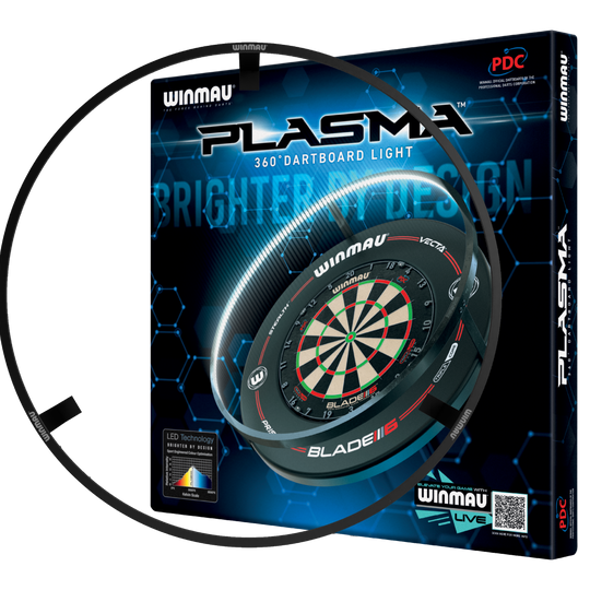 PAQUETE Winmau Plasma Iluminación LED y envolvente Das Bild zeigt das Produkt "Winmau Plasma LED Beleuchtung und Surround Bundle" in seiner Verpackung. Es enthält eine LED-Beleuchtung für ein Dartboard sowie einen Schutzring.