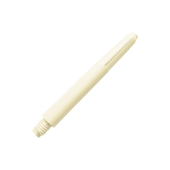 577_Nylon_Shafts_Naturweiss_40mm_2 Das Bild zeigt einen Nylon-Schaft in der Farbe Naturweiß. Der Schaft ist zylindrisch und hat ein Gewinde an einem Ende.