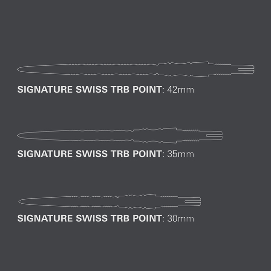 Puntas de dardo de acero Target Signature Swiss Point TRB - plateadas Das Foto zeigt die Target Signature Swiss Point TRB Steeldartspitzen in der Farbe Silber. Sie sind ideal für den professionellen Einsatz im Dartsport.