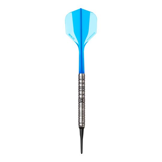 Harrows Flux Softdarts mit 20g Gewicht sind dargestellt. Die Darts sind schlank und sportlich designt.