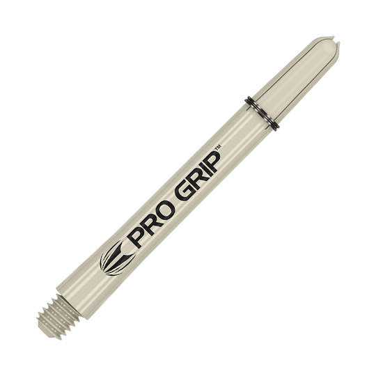 Auf dem Bild ist ein beiger Dart-Schaft mit der Aufschrift "PRO GRIP" zu sehen. Der Schaft hat ein Schraubgewinde an einem Ende und einen Schlitz für Flights am anderen Ende.