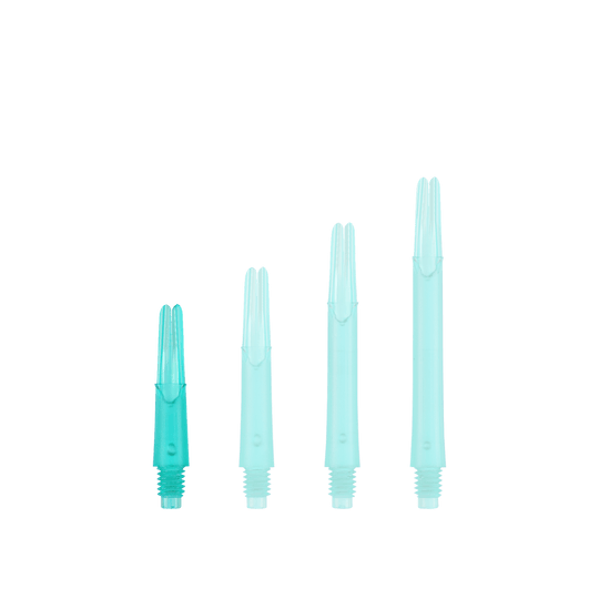Ejes en L estilo L bloqueados rectos - Esmeralda Auf dem Bild sind vier grüne, durchsichtige Kunststoffteile in unterschiedlichen Längen zu sehen. Sie stehen nebeneinander und haben am unteren Ende ein Schraubgewinde.