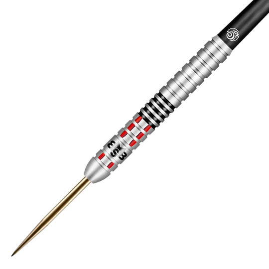 Shoto Michael Smith Lograr Dardos De Acero Auf dem Bild ist ein Steeldart mit silbernem Barrel, roten Akzenten und schwarzem Griffbereich zu sehen. Es handelt sich um das Produkt "Shot Michael Smith Achieve Steeldarts".