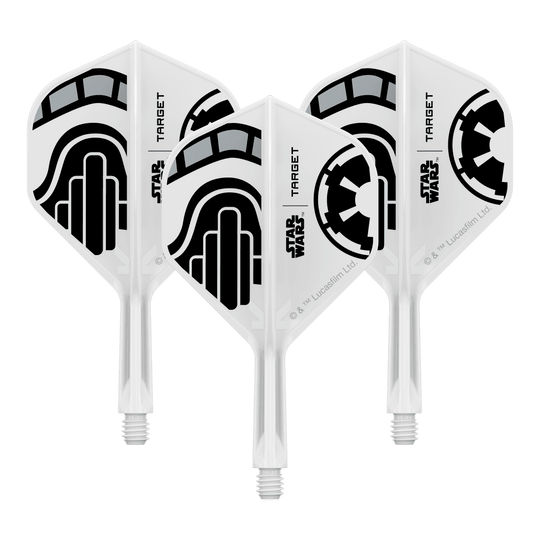 Abgebildet ist ein Set kurzer Dartflügel mit dem Namen 'Stormtrooper No2 Standard Flights Short 19mm 1Set'. Das Produkt eignet sich für Dartspieler, die besondere Designs mögen.