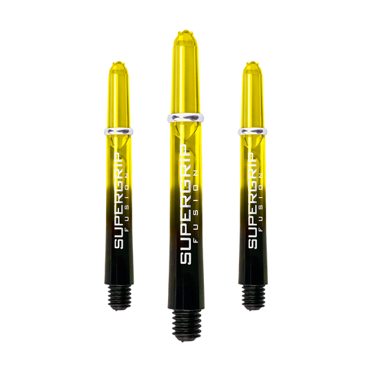 HR349_Harrows_Supergrip_Fusion_Shafts_Gelb_40mm_19jj2CSIuhFLGT Das Bild zeigt drei gelb-schwarze Dartschäfte mit der Aufschrift "Supergrip Fusion". Die Schäfte sind das Produkt "Harrows Supergrip Fusion Shafts - Gelb".