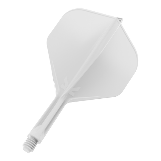 Sistema de vuelo estándar Target K-Flex No2 - Blanco Das Bild zeigt einen weißen Dartflight mit Schaft. Das Design ist schlicht und modern gehalten.