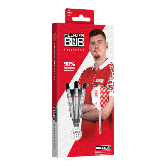 Dardos de acero Bulls Niko Springer Die Verpackung zeigt die Bulls Niko Springer Steeldarts mit 90% Tungsten. Auf der Vorderseite ist ein Bild von Niko Springer in rotem Trikot zu sehen.