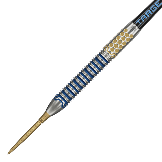 Dardos de acero Target Josh Rock GEN1 Swiss Point Das Bild zeigt einen Target Josh Rock GEN1 Swiss Point Steeldart. Der Dartpfeil hat ein silbernes und blaues Design mit goldenen Akzenten und auffälliger Griffstruktur.