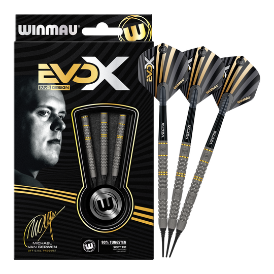 Das Bild zeigt das Produkt "Winmau Michael Van Gerwen Evo-X Softdarts - 20g" in seiner Verpackung. Neben der Verpackung sind drei zusammengebaute Softdarts mit schwarz-goldenem Design zu sehen.
