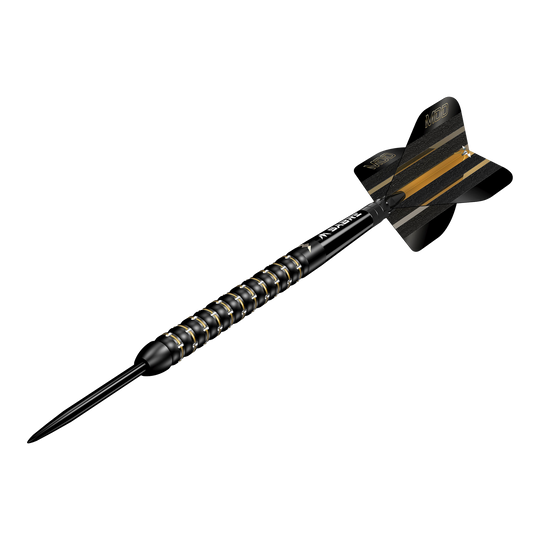 Misión Mike De Decker MDD Black Gold Steeldarts Dies ist ein Steeldartpfeil des Modells "Mission Mike De Decker MDD Black Gold". Der Pfeil ist schwarz mit goldenen Akzenten und hat eine strukturierte Griffzone.