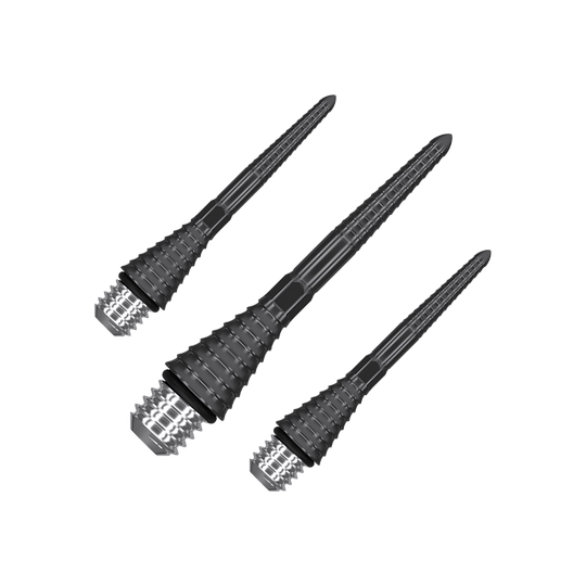380172_Target_Titanium_Swiss_Point_Grooved_Conversion_Points_Schwarz_26mm_1 Das Bild zeigt drei schwarze, gerillte Swiss Point Conversion Points von Target. Sie sind speziell geformte Spitzen für Dartpfeile.