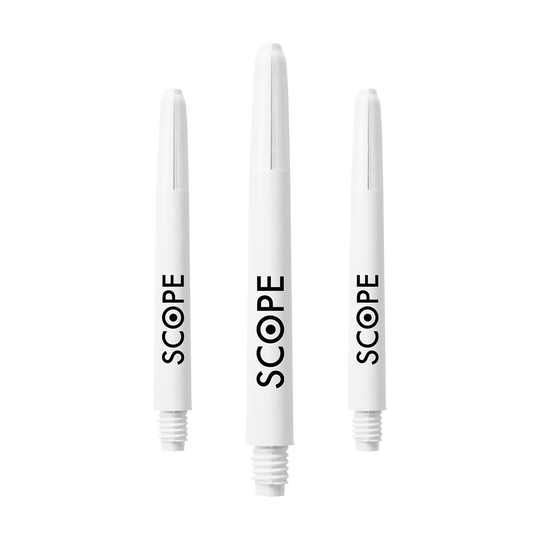 Das Bild zeigt drei weiße McDart Scope Nylon Shafts. Auf jedem Shaft steht das Wort "SCOPE" in schwarzer Schrift.