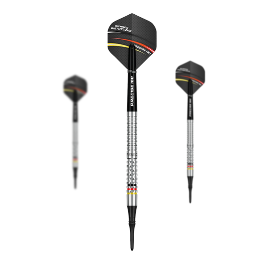 Dardos blandos Precise 180 Ricardo Pietreczko GEN1 Hier sind die Precise 180 Ricardo Pietreczko GEN1 Softdarts als Set abgebildet. Die Darts sind für präzises Spielen entwickelt.