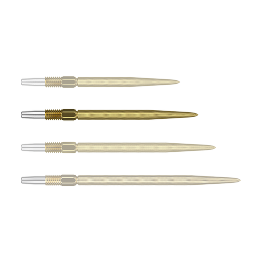 Puntas para dardos Target Swiss Point Nano - Oro Das Bild zeigt vier goldene Dartspitzen mit silbernem Befestigungsende, die nebeneinander liegen. Die Spitzen sind gleich lang und haben eine feine Riffelung entlang der gesamten Länge.