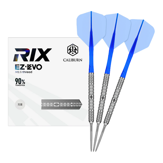 Dardos de acero Caliburn Rix EZ-EVO R1 Das Bild zeigt das vollständige Set der Caliburn Rix EZ-EVO R1 Steeldarts. Es handelt sich um professionelle Steeldarts für ambitionierte Spieler.