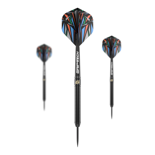 Dardos de acero GOAT Athlete de latón negro - 13 g Das Bild zeigt drei schwarze Steeldarts mit farbenfrohen Flights und der Aufschrift "GRIP-TECH". Es handelt sich um das Produkt "GOAT Athlete Black Brass Steeldarts - 13g".