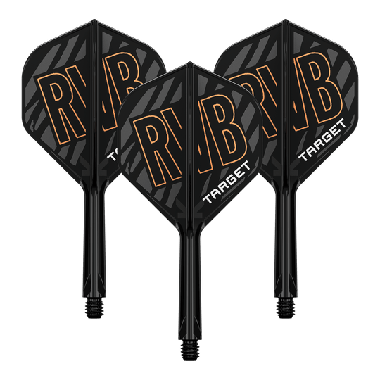 Target K-Flex Raymond Van Barneveld No2 Sistema de eje de vuelo estándar Auf dem Bild sind drei schwarze Dart-Flights mit der Aufschrift "RVB" und "TARGET" zu sehen. Die Flights haben ein schwarzes, gestreiftes Design mit orangefarbenen Buchstaben.