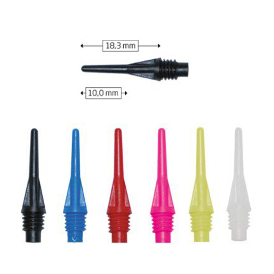 Starpoints_800 Das Bild zeigt verschiedene farbige Spitzen namens "Starpoints (1000er Pack) - Spitzen". Die Spitzen sind in den Farben Schwarz, Blau, Rot, Pink, Gelb und Weiß erhältlich und haben eine Länge von 18,3 mm und einen Durchmesser von 10,0 mm.