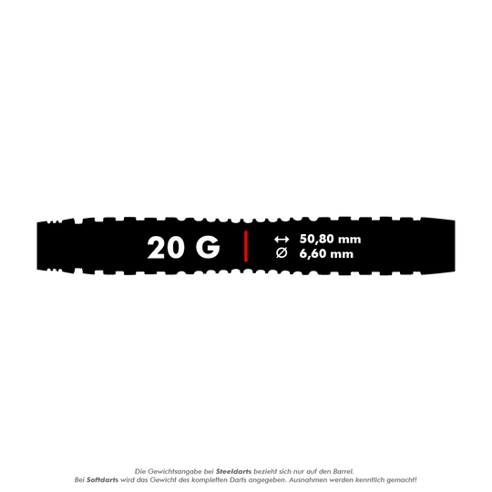 Dardos blandos Winmau Joe Cullen Rockstar Series RS1 - 20 g Das Bild zeigt die technischen Daten der Winmau Joe Cullen Rockstar Series RS1 Softdarts mit 20 Gramm Gewicht. Die Darts haben eine Länge von 50,80 mm und einen Durchmesser von 6,60 mm.