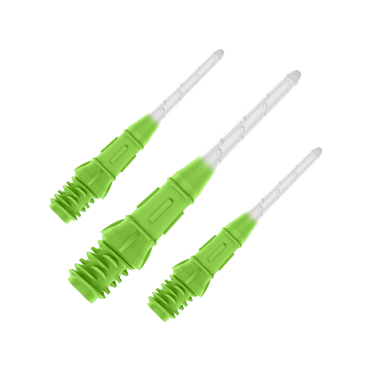 Labios de punta bicolor premium estilo L (paquete de 30) Das Bild zeigt drei grün-weiße Spitzen für Softdartpfeile. Die Spitzen haben eine geriffelte Struktur im unteren Bereich und verlaufen nach oben hin transparent.