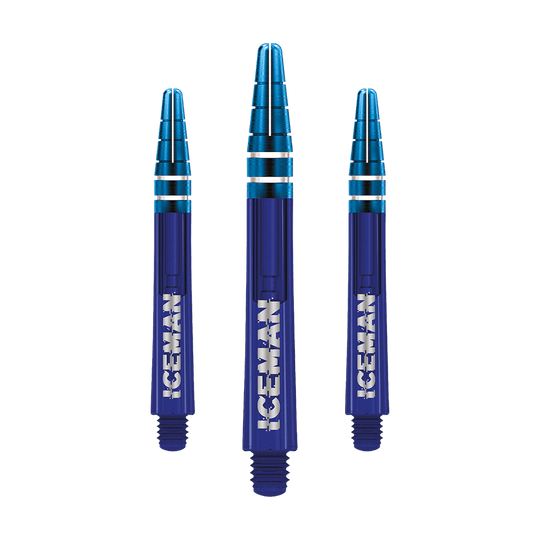 Das Bild zeigt drei blaue Darts-Schäfte mit silbernen Akzenten. Auf jedem Schaft steht das Wort "ICEMAN" in weißen Buchstaben.