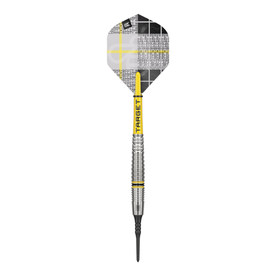 Dardos blandos Target Scott Williams GEN2 - 18 g Das Bild zeigt einen Target Scott Williams GEN2 Softdart mit einem Gewicht von 18g. Der Dart hat gelbe Akzente und ein modernes, silberfarbenes Barrel-Design.