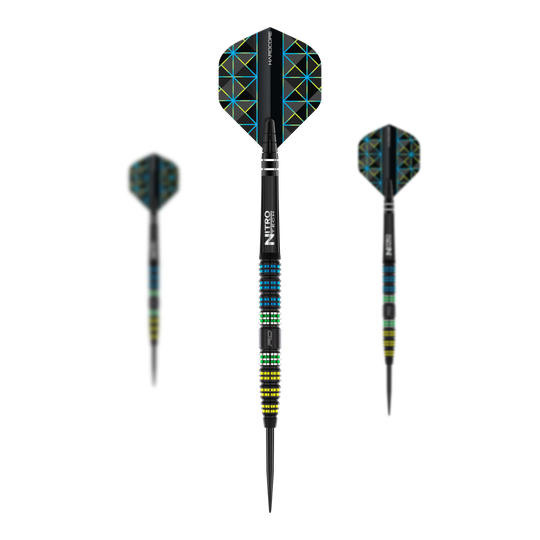 Dardos Red Dragon Dragonfly 95 de acero cónico negro Auf dem Bild sind drei Steeldarts des Modells "Red Dragon Dragonfly 95 Black Tapered" zu sehen. Die Darts haben ein schwarzes, bunt gemustertes Design mit farbigen Ringen am Griff und geometrischen Mustern auf den Flights.