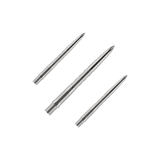Puntas de dardos Mission Caliburn EVO - Ranuradas - Plateadas Das Bild zeigt die Mission Caliburn EVO Dartspitzen - Grooved - Silber - X 2981. Dies sind strukturierte Dartspitzen für Steeldarts.