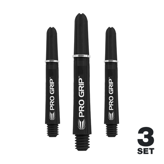 Varillas Target Pro Grip - 3 juegos - Color negro Das Bild zeigt drei schwarze Dart-Schäfte mit der Aufschrift "PRO GRIP". In der rechten unteren Ecke steht "3 SET".