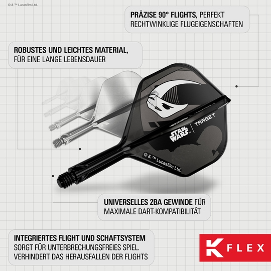 Abgebildet ist das Target Star Wars K-Flex-Set Mandalorian No2 Standard Flights. Die Flights sind im Mandalorian-Stil gestaltet und eignen sich für Star Wars Fans.