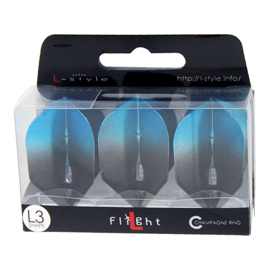 Vuelos L-Style Two Tone L3PRO Die Verpackung zeigt drei blaue Dartflights der Marke L-style. Auf der Schachtel steht "L3 Shape" und "Champagne Ring".