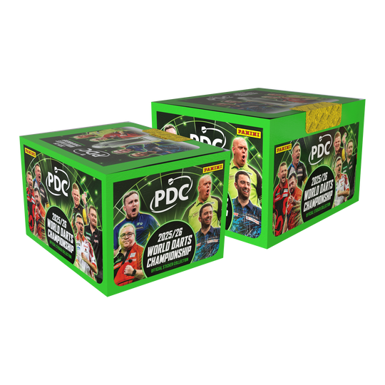 Panini PDC Campeonato Mundial de Dardos 2025/26 - Mega Pack de tapa dura con dos cajas de cromos Das Bild stellt das Panini PDC World Darts Championship 2025/26 Hardcover Mega Bundle mit zwei Stickerboxen dar. Es bietet ein Hardcover-Sammelalbum und zwei Stickerboxen zum Sammeln.