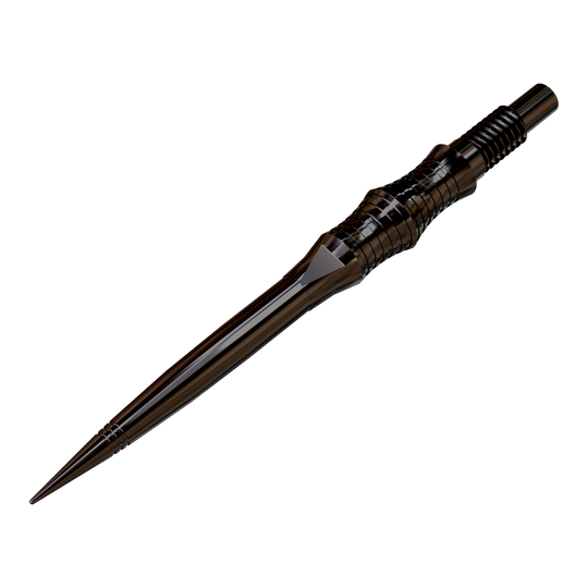 Abgebildet sind schwarze Dartspitzen der Apex Spire Elite Series. Die Spitzen liegen nebeneinander und werden frontal gezeigt.