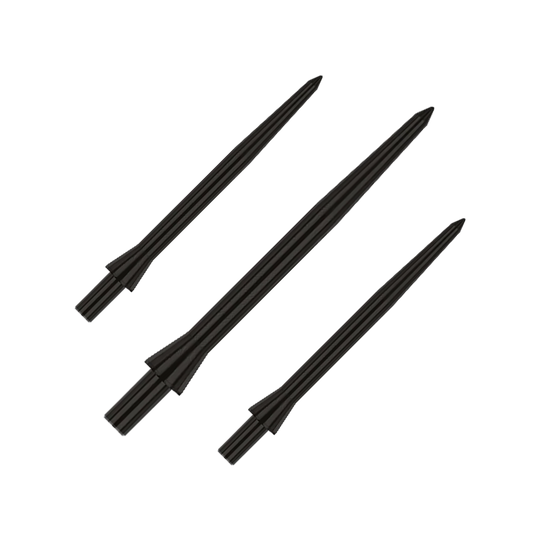 Puntas de dardos Red Dragon Raptor Plain Black de acero - 30 mm Das Bild zeigt drei schwarze Steeldartspitzen der Marke Red Dragon Raptor in 28 mm Länge. Die Spitzen sind schlicht und haben ein glattes Design.