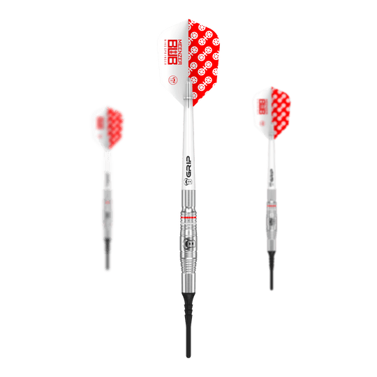 Das Bild zeigt drei Softdarts des Modells 'Bulls Niko Springer' mit einem Gewicht von 22g. Die Darts haben silberne Schäfte und weiße Flights mit einem roten Punktmuster.