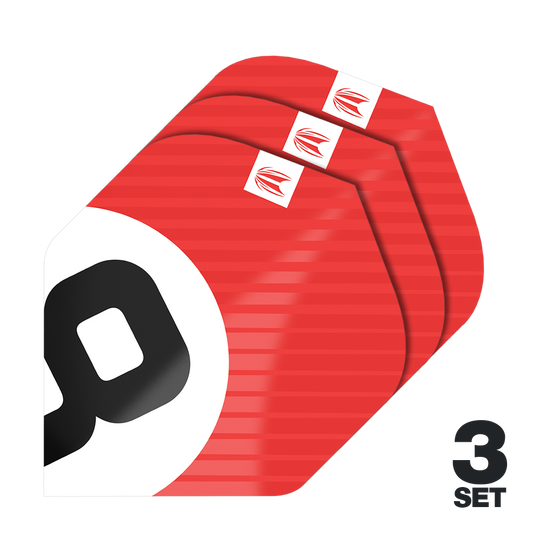 Plumas estándar Target Pro Ultra Chicane Red No2 - 3 juegos Das Bild zeigt drei Sätze der Target Pro Ultra Chicane Red No2 Standard Flights. Die Flights sind überwiegend rot mit einem weißen und schwarzen Design und werden als 3er-Set angeboten.
