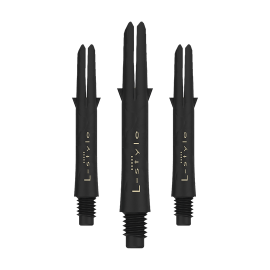Ejes de carbono estilo L Das Bild zeigt drei schwarze L-Style Carbon Shafts für Darts ohne Kappen. Auf den Schäften steht in goldener Schrift das Wort "L-style".