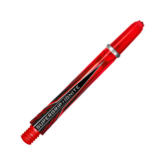 HR385_Harrows_Supergrip_Ignite_Shafts_Rot_47mm_2 Das Bild zeigt einen roten Harrows Supergrip Ignite Shaft. Auf dem Schaft steht der Schriftzug "SUPERGRIP IGNITE".