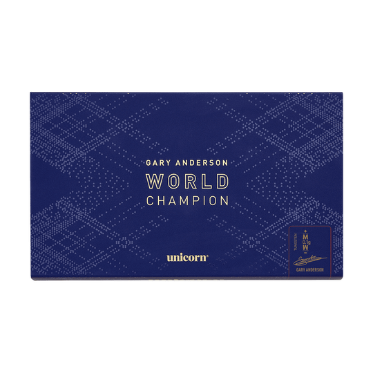 04504_Unicorn_World_Champion_Gary_Anderson_Phase_6_Softdarts_3b Die Verpackung zeigt die "Unicorn Phase 6 World Champion Gary Anderson Softdarts". Das Design ist in Dunkelblau mit weißen Punkten und goldener Schrift gehalten.