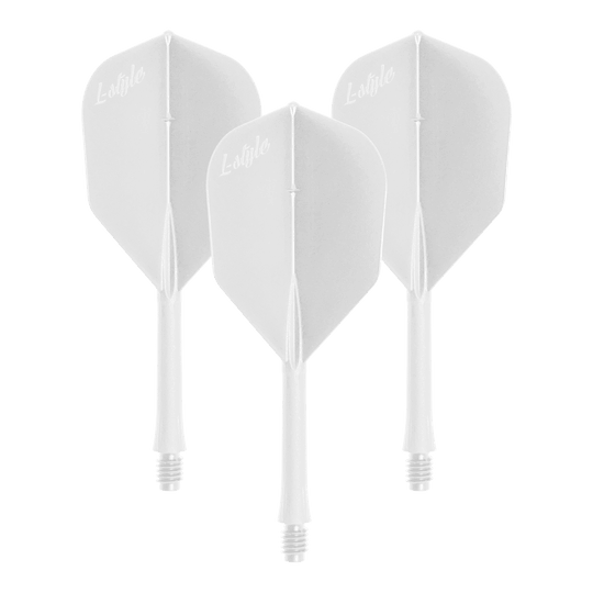 Das Bild zeigt ein Set von weißen Dart-Flights. Die Datei heißt LSF-901_L-Style_BarFlight_Wei_1Set.