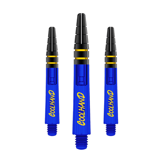Flechas Red Dragon Nitrotech Luke Humphries Coolhand - Azul Das Bild zeigt drei blaue Dartschäfte mit der gelben Aufschrift "COOLHAND". Die Schäfte haben schwarze und goldene Akzente am oberen Ende.