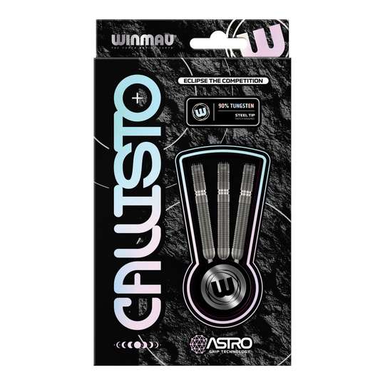 Dardos de acero Winmau Callisto 01 Das Bild zeigt eine Verpackung der "Winmau Callisto 01 Steeldarts". In der Mitte sind drei Darts mit Stahlspitze und 90% Tungsten-Anteil sichtbar.