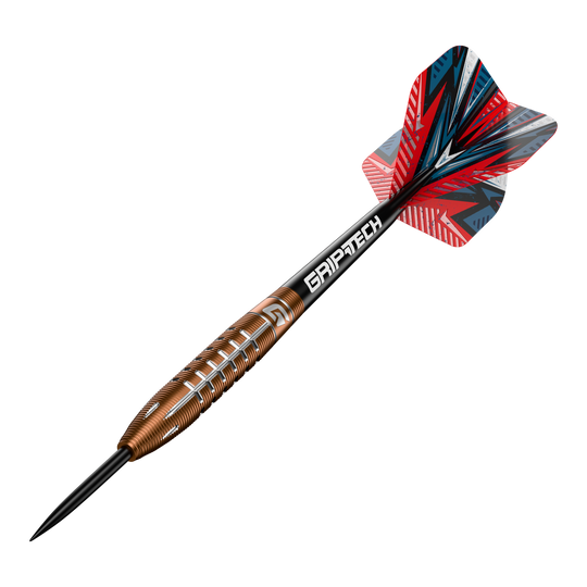 Dardos de acero de tungsteno GOAT Quarterback V2 - 24 g Das Bild zeigt einen Steeldart namens "GOAT Quarterback V2 Tungsten" mit einem Gewicht von 24 Gramm. Der Dart hat ein auffälliges Design mit roten, schwarzen und silbernen Akzenten sowie dem Schriftzug "GRIPTECH" auf dem Schaft.