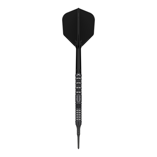Dardos blandos Target Japan Black Marque Draco GEN2 - 20 g Das Bild zeigt einen schwarzen Softdart der Marke "Target Japan Black Marque Draco GEN2" mit einem Gewicht von 20g. Der Dart hat ein elegantes, modernes Design mit metallischen Akzenten am Griff.
