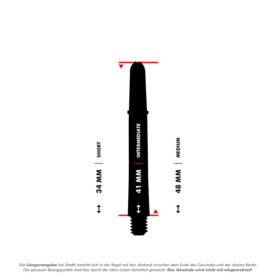 Varillas Target Pro Grip TAG - 3 juegos - Rojo Das Bild zeigt drei verschiedene Längen von Target Pro Grip Shafts: Short (34 mm), Intermediate (41 mm) und Medium (48 mm). Die roten Linien markieren die Messpunkte der Längenangabe, das Gewinde wird nicht mitgerechnet.